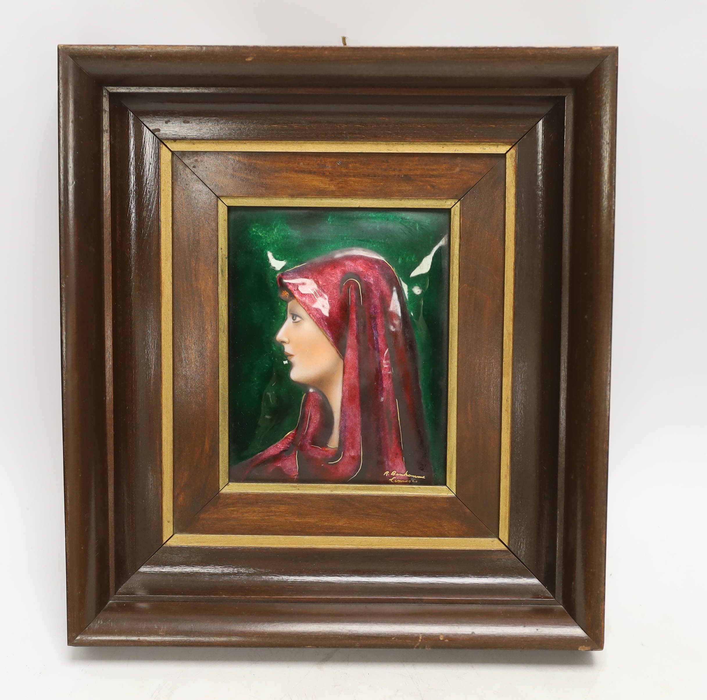 A Limoges enamel on copper portrait plaque of Saint Fabiola, signed Bon Homme, 30 x 27.5cm